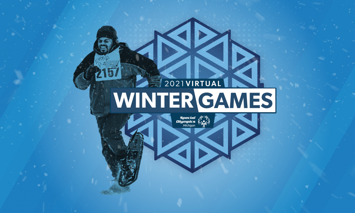 A snowshoe athlete over top of a snowflake logo with the words "Virtual Winter Games 2021"