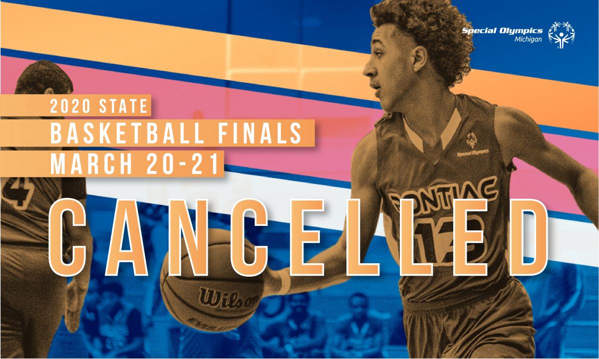 State Basketball Finals Cancelled text with basketball players in background of image.