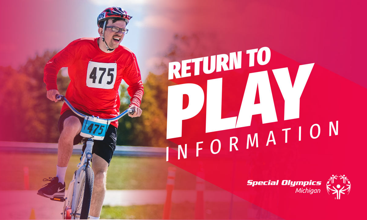 Athlete cycling with the words "return to play information" next to him on top of a red background.