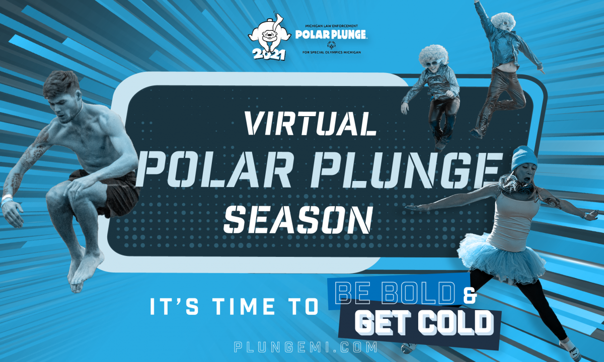Virtual Polar Plunge season graphic in blue showing people jumping into cold water.