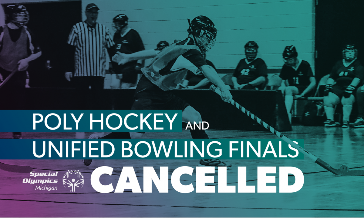 A hockey athlete in the background of text saying Poly Hockey & Unified Bowling Finals Cancelled