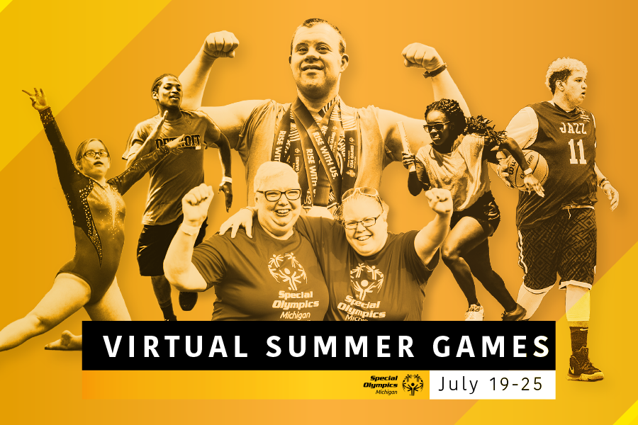 Special Olympics Michigan athletes on a gold background with the words "Virtual Summer Games"