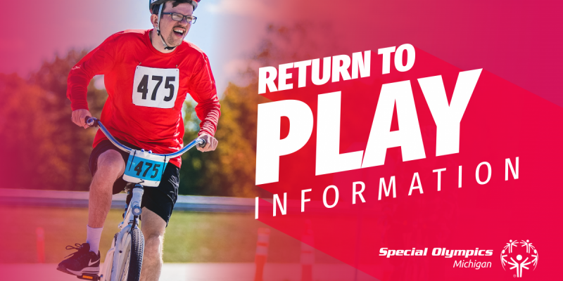 Athlete cycling with the words "return to play information" next to him on top of a red background.