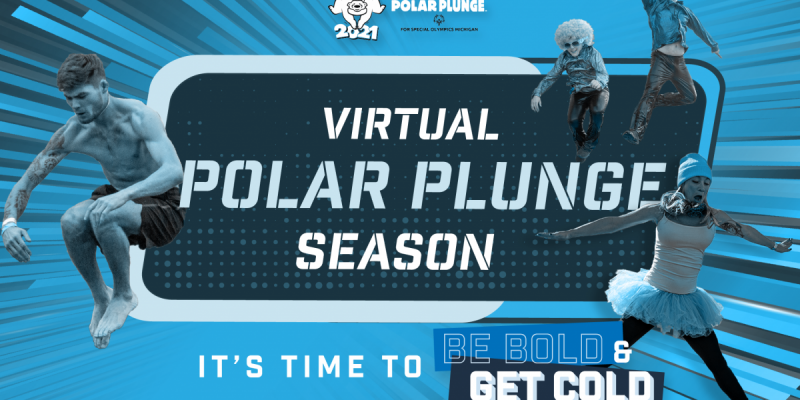 Virtual Polar Plunge season graphic in blue showing people jumping into cold water.