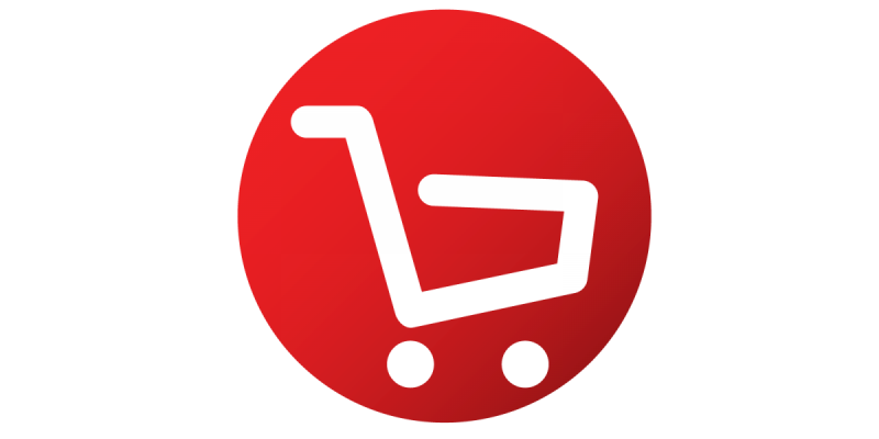 A white shopping cart over top of a red circle