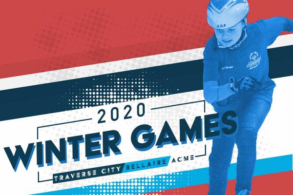 Image of a speed skater and the words "2020 Winter Games", Traverse City, Bellaire, Acme