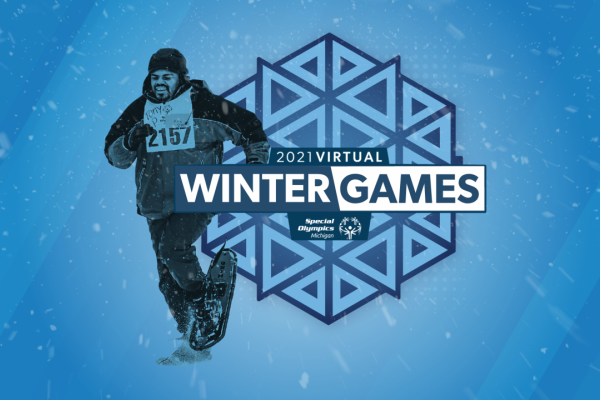 A snowshoe athlete over top of a snowflake logo with the words "Virtual Winter Games 2021"