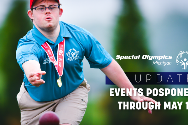 Bocce athlete with words saying events postponed through May 15
