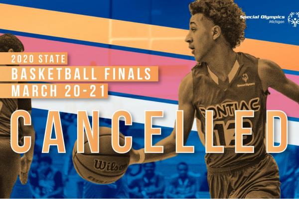 State Basketball Finals Cancelled text with basketball players in background of image.