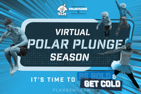 Virtual Polar Plunge season graphic in blue showing people jumping into cold water.