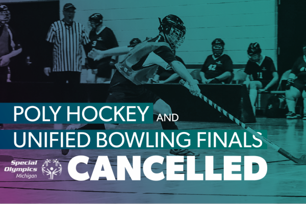 A hockey athlete in the background of text saying Poly Hockey & Unified Bowling Finals Cancelled