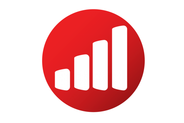 A white bar graph over a red circle