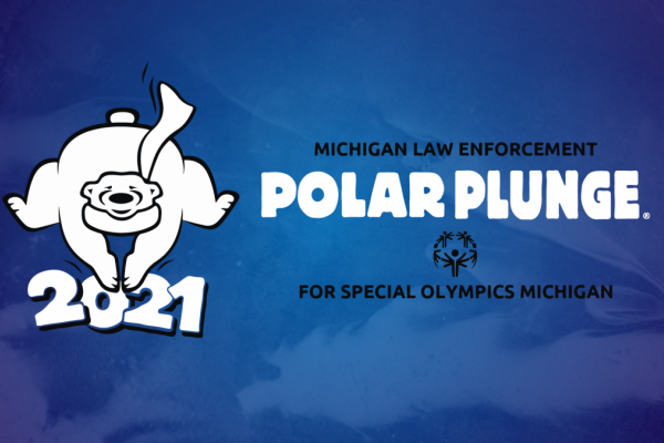 Polar Plunge logo over top of dark blue water
