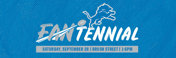 Detroit Lions logo and the word Fantennial